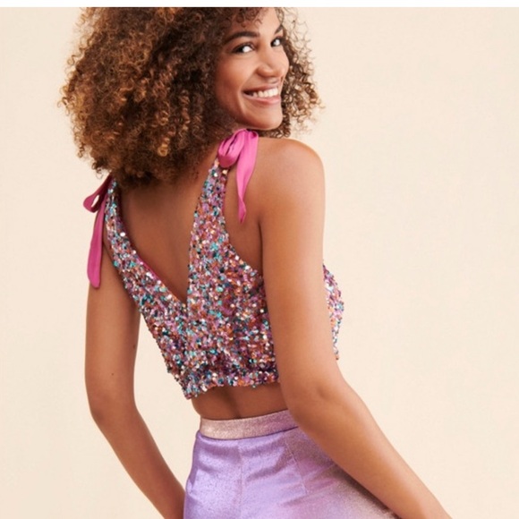 Free People Sz. S Pink Big Night Sequin Crop Top Party Cocktail Barbie Glam - Picture 1 of 7
